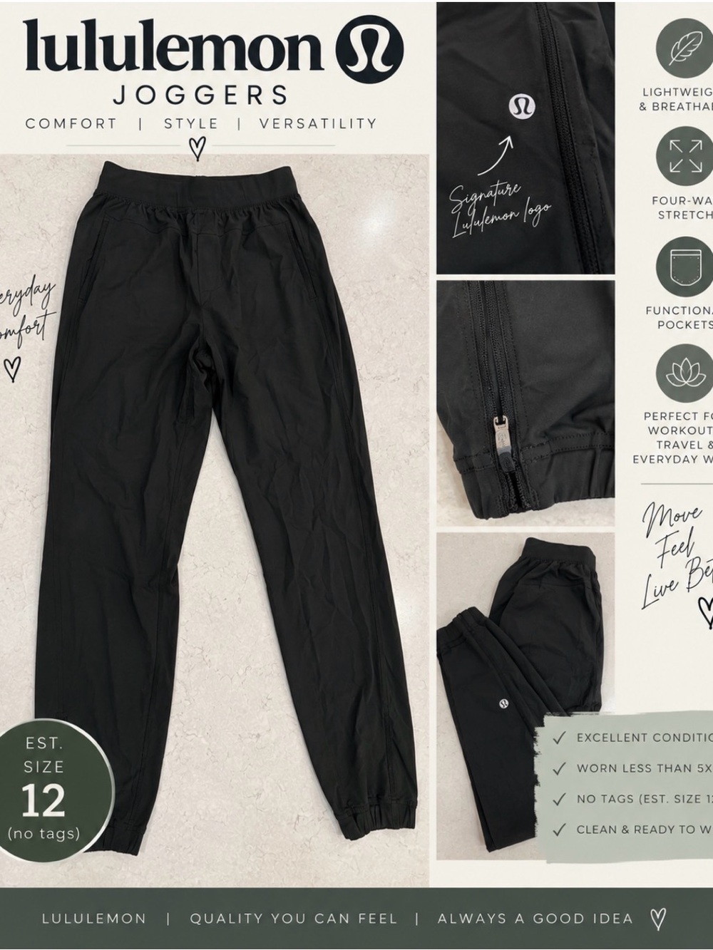 Lululemon Women’s Dark Green Joggers – Est. Size 12 – Excellent Condition